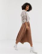 Asos Design Leather Look Pleated Midi Skirt With Curved Hem-stone