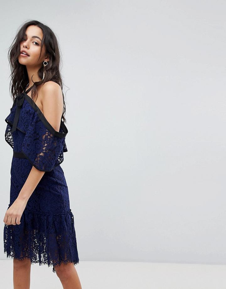 Adelyn Rae Tracy Ruffle Haltnerneck Lace Hem Dress - Navy