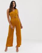 Boohoo Wide Leg Belted V Neck Jumpsuit In Mustard - Yellow