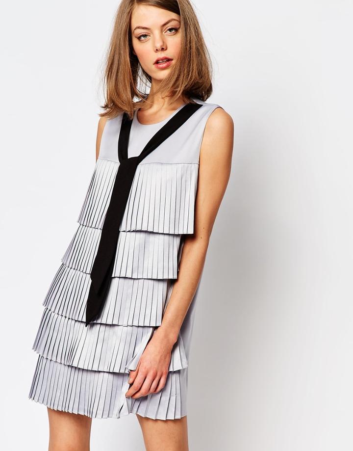 Sister Jane Rivier Tier Dress With Front Contrast Tie - Gray