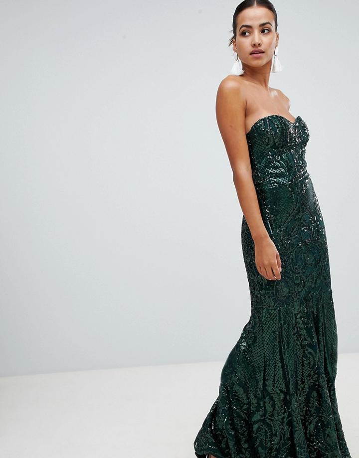 Club L Embellished Sequin Strapless Fishtail Maxi Dress-green