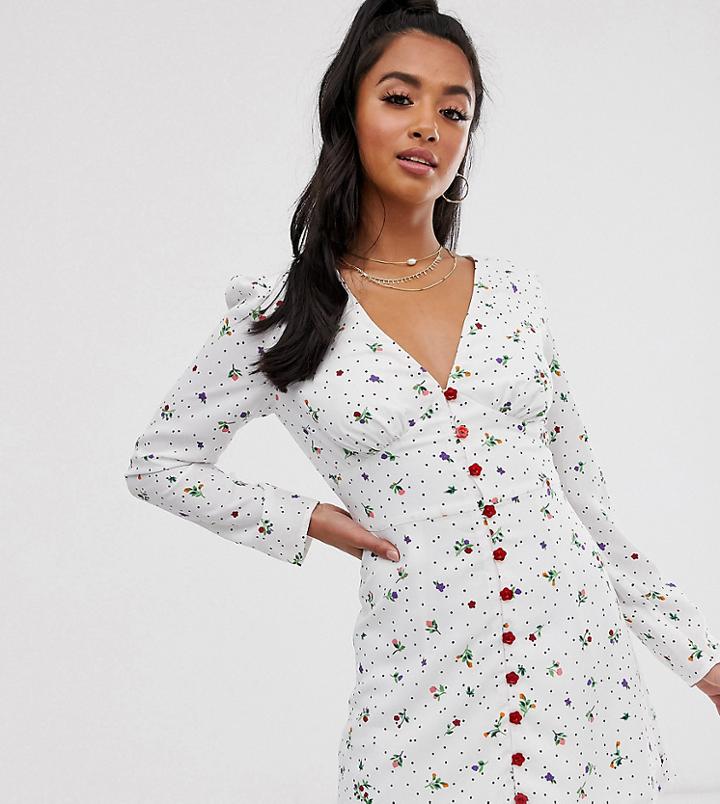 Fashion Union Petite Long Sleeved Button Front Tea Dress-white