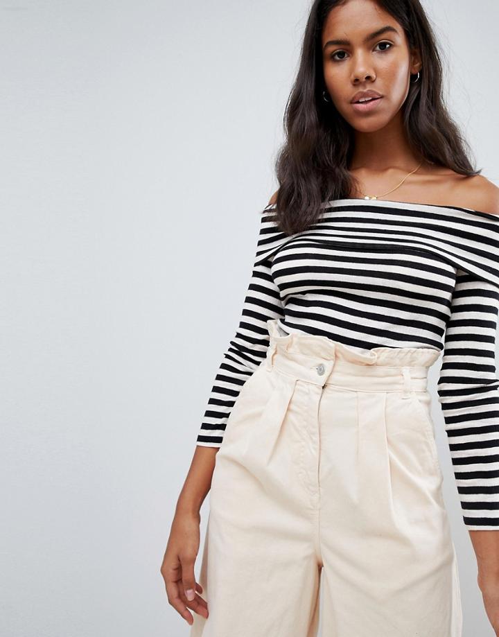 Brave Soul Grace Bardot Top In Stripe - Black