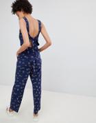 Esprit Parrot Print Tie Back Jumpsuit - Navy