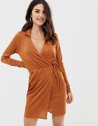 Asos Design Slinky Wrap Mini Dress-brown