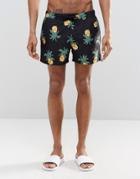 Asos Swim Shorts With Digital Pineapple Print In Short Length - Black