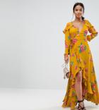 Asos Petite Long Sleeve Wrap Maxi Dress In Bold Floral - Yellow