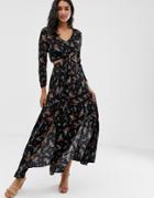 Liquorish Floral Maxi Dress With Cut Out Detail - Black