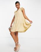 Pieces Tie Neck Ruffle Detail Mini Smock Dress In Sand-neutral