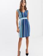 Closet Stripe V Neck Dress With Waistband - Blue