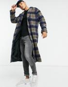Another Influence Longline Sherpa Coat In Plaid-navy
