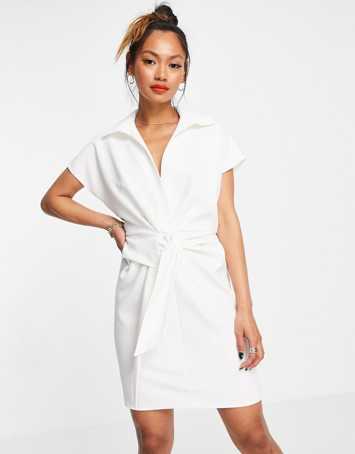 Asos Design Collared Wrap Front Mini Dress With Knot In Ivory-white