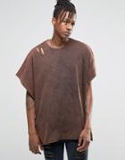 Asos Extreme Oversized T-shirt With Extreme Side Splits Acid Wash And Distressing - Chestnut
