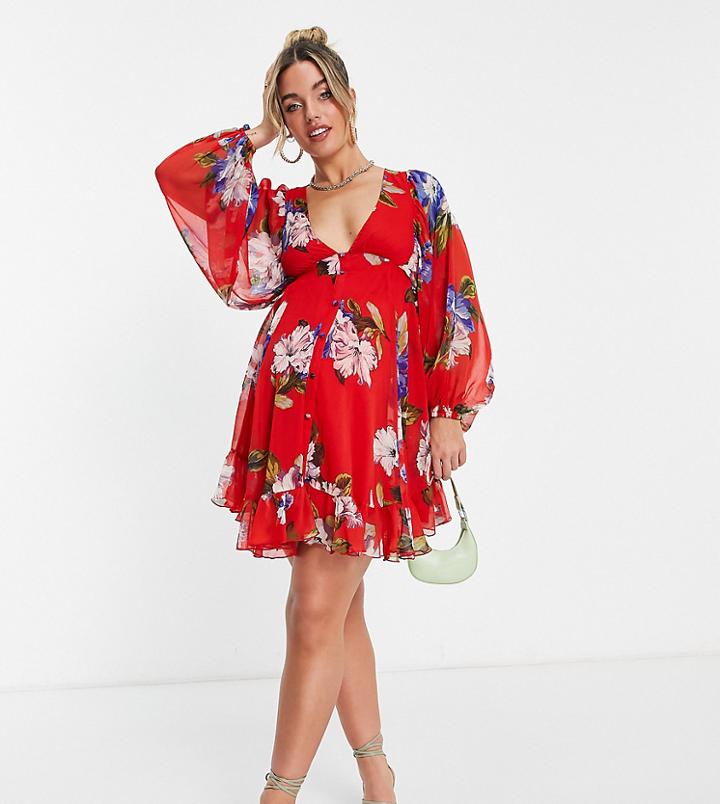 Asos Design Maternity Button Detail Mini Dress With Blouson Sleeve In Red Floral-multi