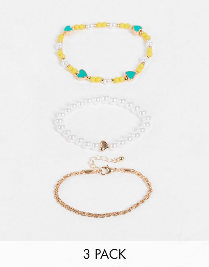 Asos Design Pack Of 3 Bracelets With Enamel Heart And Pearl-multi