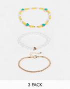 Asos Design Pack Of 3 Bracelets With Enamel Heart And Pearl-multi
