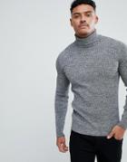Asos Design Muscle Fit Ribbed Roll Neck Sweater In Black & White Twist-gray