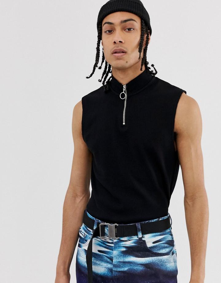 Asos Design Muscle Tank Tank With Stretch And Turtle Zip Neck In Waffle - Black