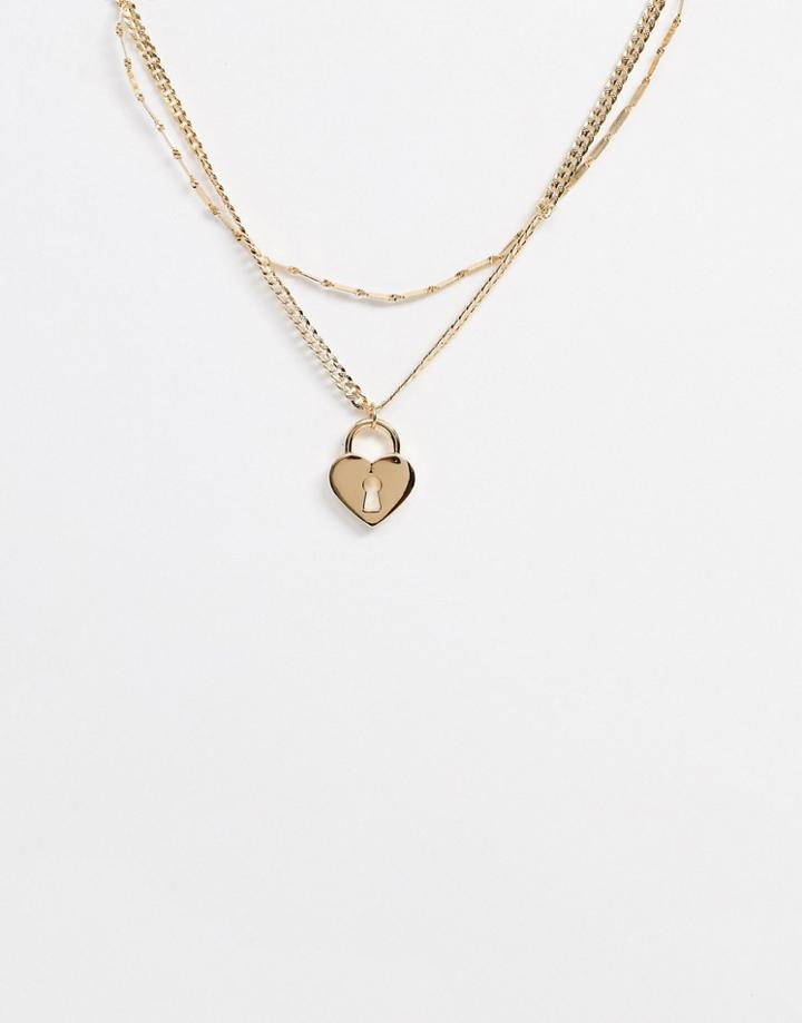 Asos Design Multirow Necklace With Heart Padlock Pendant In Gold Tone