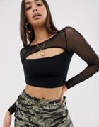 Asos Design Long Sleeve Mesh Top With Cut Out Front And Clip Back - Black