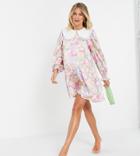 Twisted Wunder Maternity Mini Smock Dress With Bib Collar In Pink Floral-multi