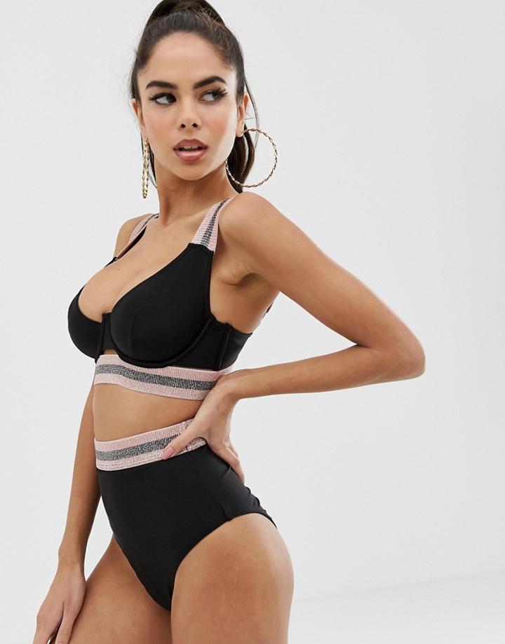 Asos Design Fuller Bust Exclusive High Waist High Leg Bikini Bottom Elastic Trim - Black