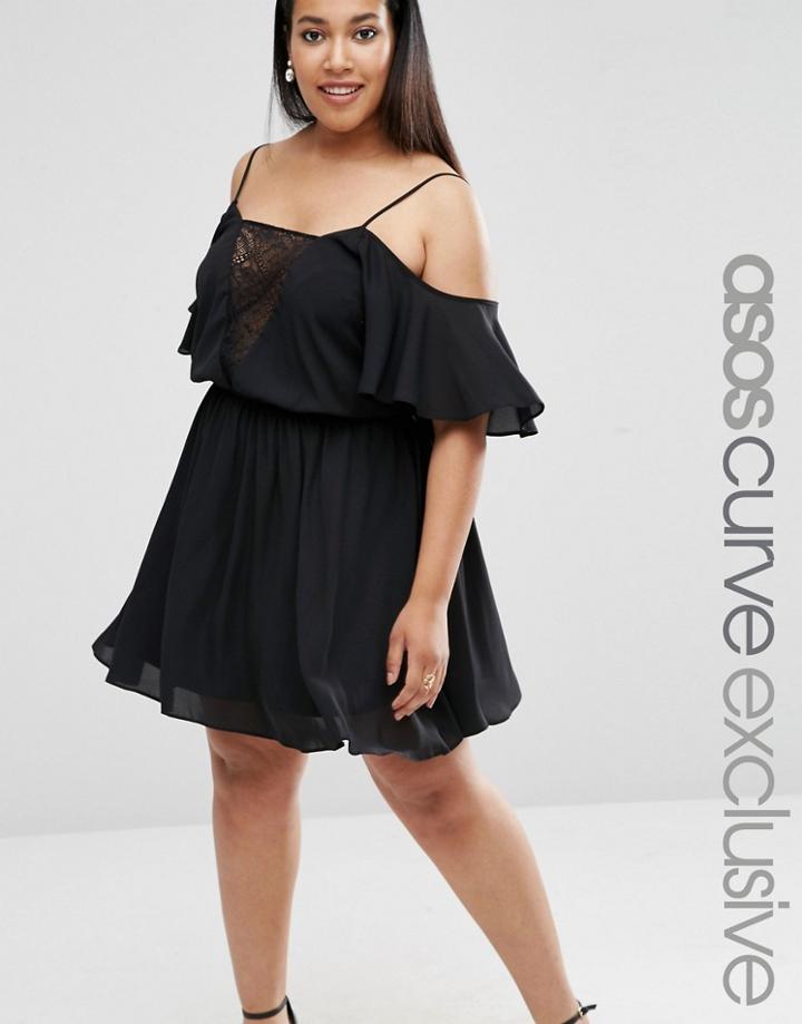 Asos Curve Skater Dress With Flutter Sleeve & Lace Insert - Black