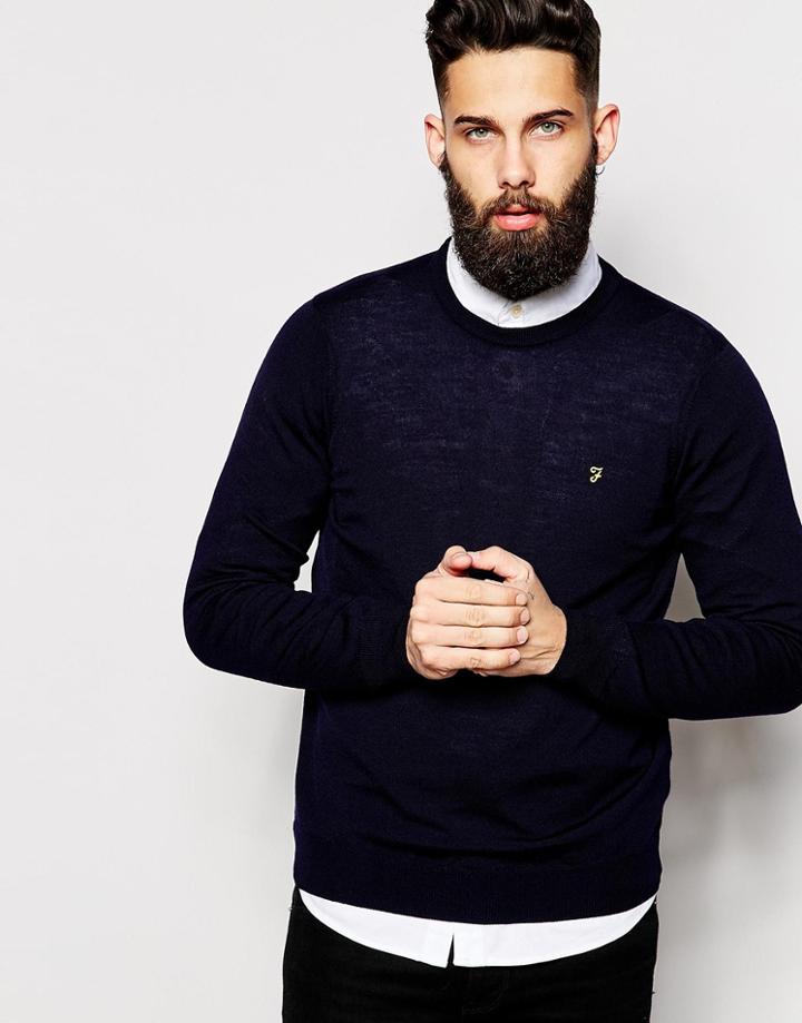 Farah Sweater In Merino Wool Crew Neck - Navy
