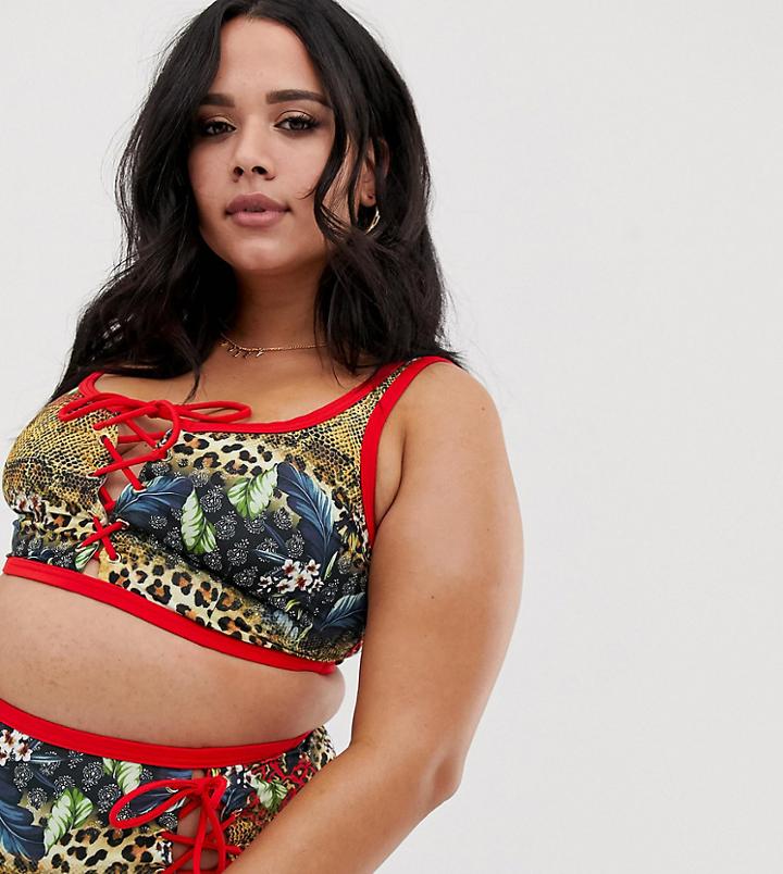 Asos Design Curve Recycled Lace Up Contrast Bind Crop Bikini Top In Leopard Tropical Print-red