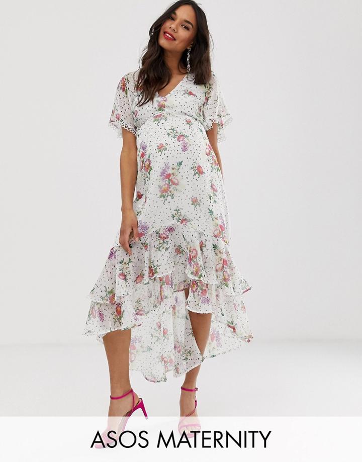 Asos Design Maternity Midi Dress In Spot And Floral With Lace And Hem Detail - Multi