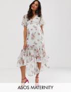 Asos Design Maternity Midi Dress In Spot And Floral With Lace And Hem Detail - Multi