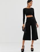 Asos Design Cropped Black Wide Leg Pants In Jersey Crepe - Black