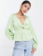 Asos Design Volume Sleeve Top With Twist Front Detail And Cut Out In Apple-green