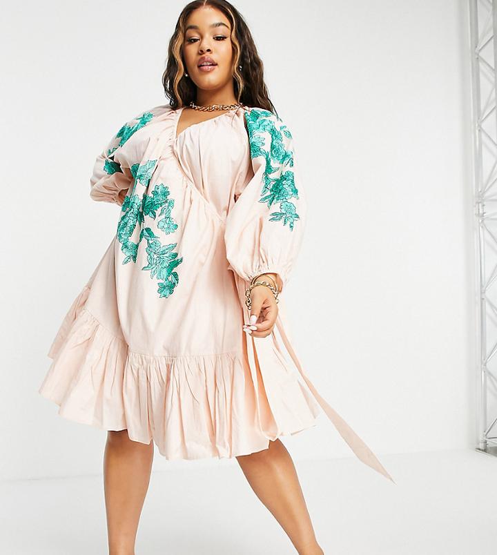 Asos Edition Curve Embroidered Wrap Mini Dress With Tiered Hem In Candy Pink
