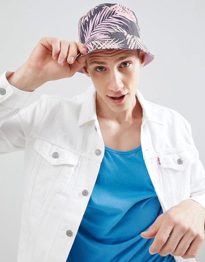 Asos Design Festival Reversible Bucket Hat In Black With Bright Leaf Design - Multi