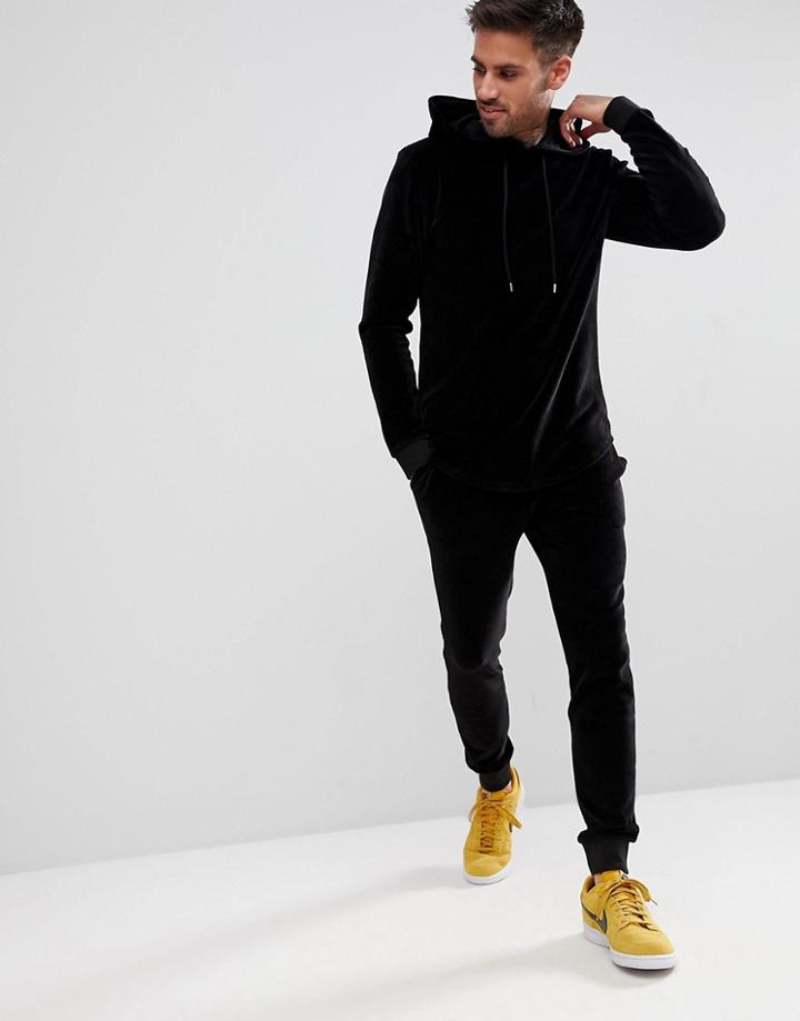 Asos Tracksuit Muscle Hoodie/ Super Skinny Joggers In Black Velour With Curved Hem - Black