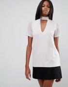 Asos Top With High Neck Plunge In Ponte With Chiffon Sleeve - Pink