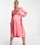 River Island Maternity Satin Wrap Midi Dress In Coral-orange