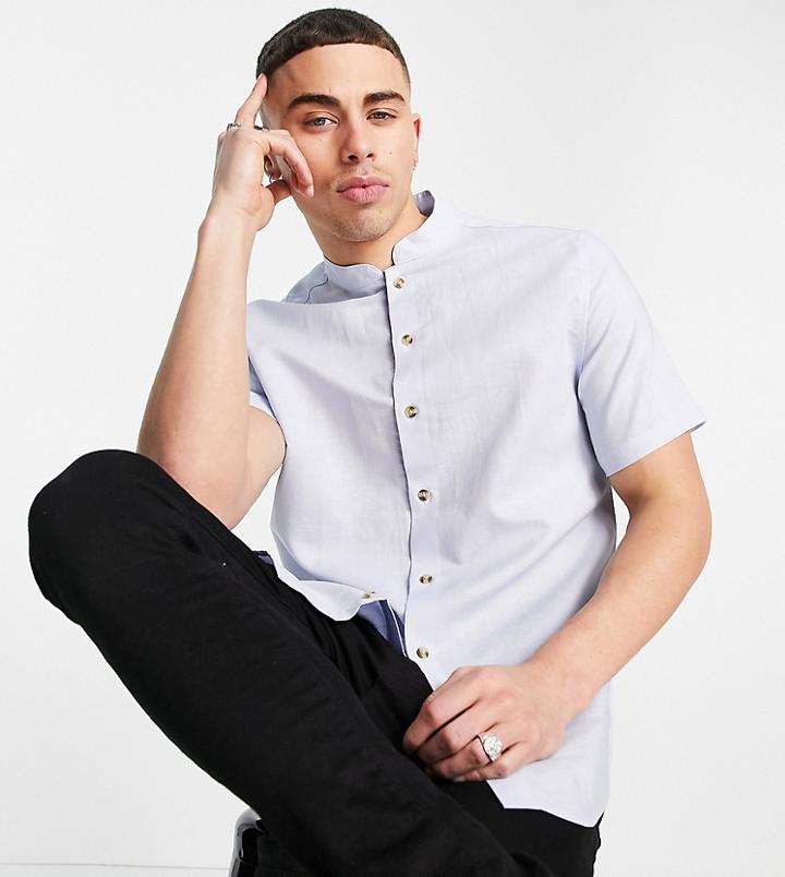 Asos Design Wedding Linen Shirt With Mandarin Collar In Blue-blues