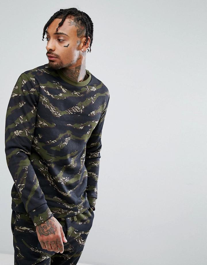 Bershka Camouflage Print Sweatshirt In Khaki - Green