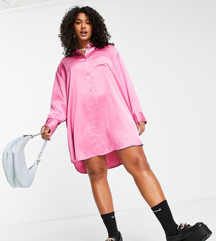 Collusion Plus Mini Satin Shirt Dress In Bright Pink