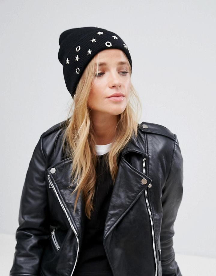7x Studded Grunge Beanie Hat - Black