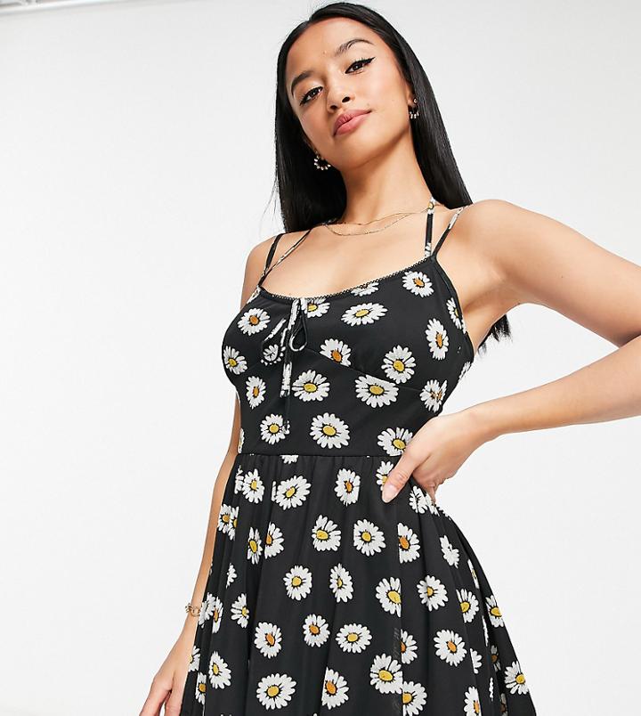 Asos Design Petite Strappy Mesh Romper In Daisy Print-green