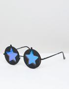 Asos Design Round Sunglasses With Star Flip Top With Blue Mirrored Lens - Black