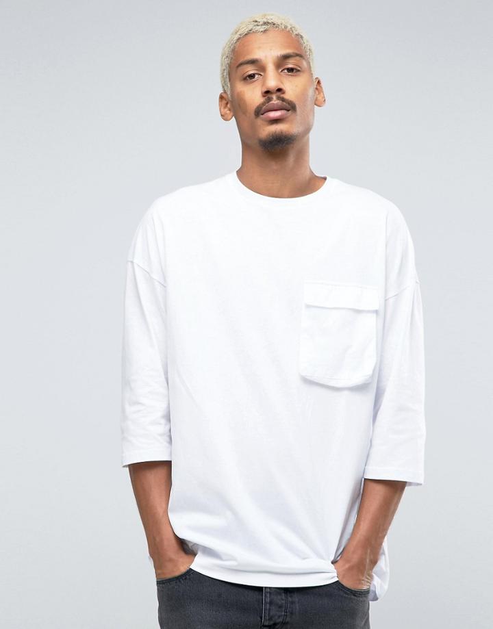 Asos Super Longline T-shirt With 3/4 Sleeve And Woven Pockets - White