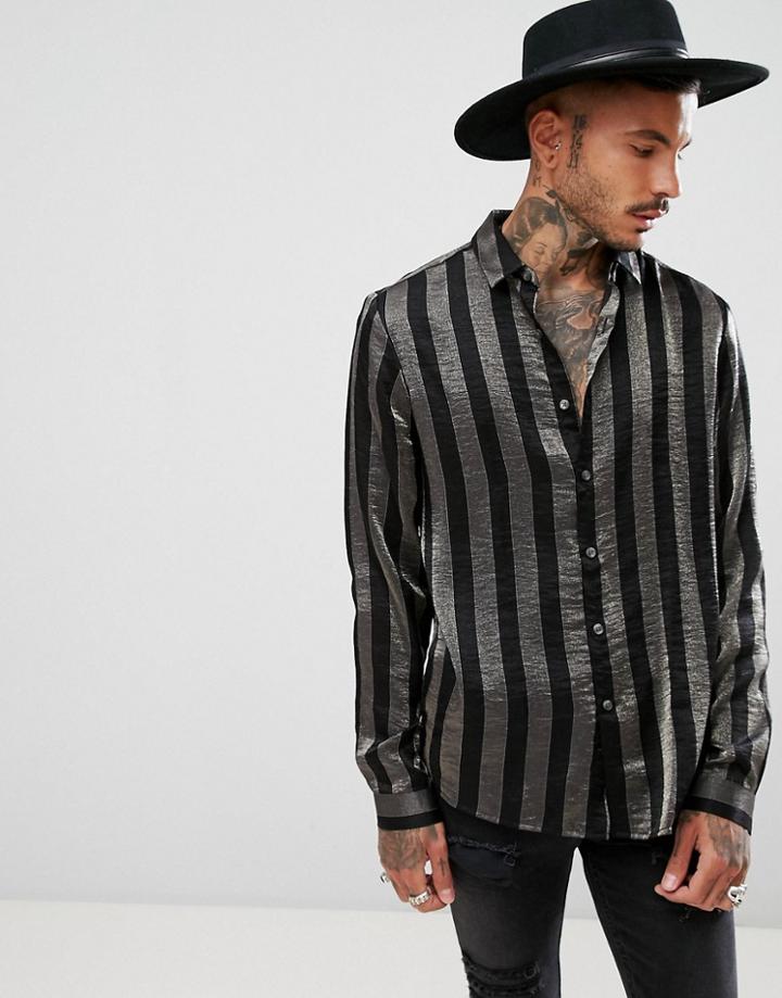 Asos Regular Fit Viscose Lurex Stripe Shirt - Black