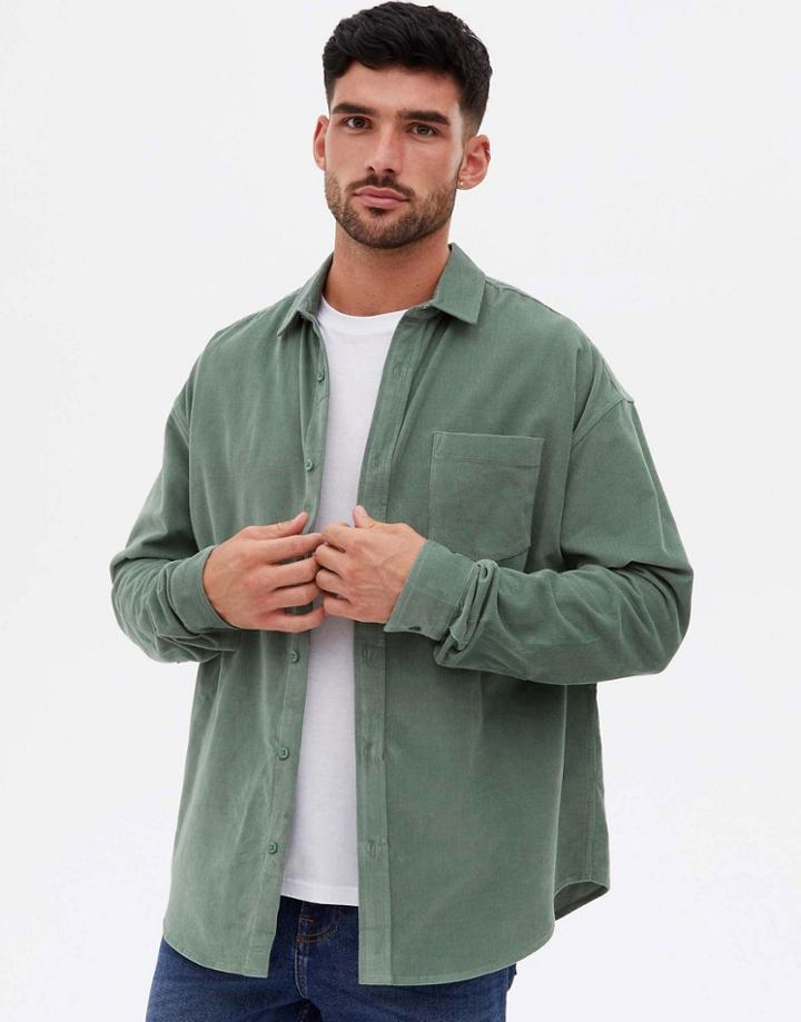 New Look Oversized Cord Overshirt In Dark Khaki-green