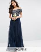 Maya Bardot Maxi Dress With Delicate Sequin And Tulle Skirt - Navy