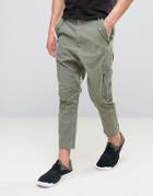 Asos Drop Crotch Cargo Pants With Strapping Details In Khaki - Green