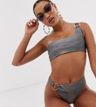 South Beach Metallic One Shoulder Ring Bikini Top In Black - Black